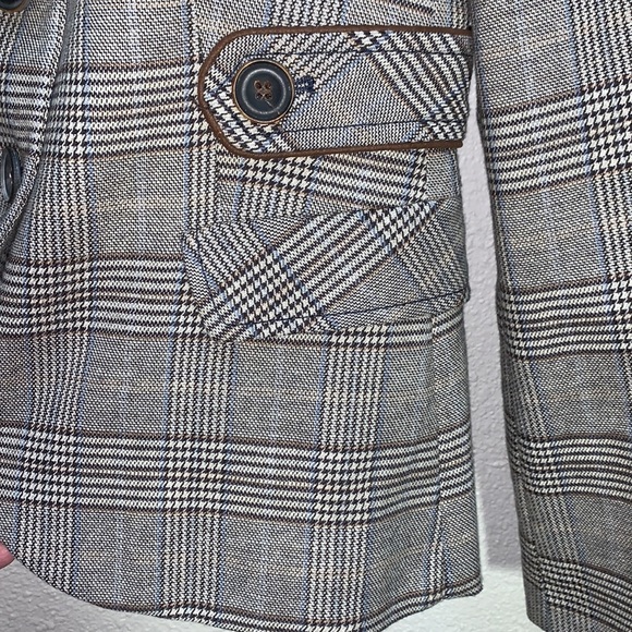 ZARA Basics Wool blend Plaid Blazer brown patchwork elbows 2 button satin lined - Picture 14 of 17